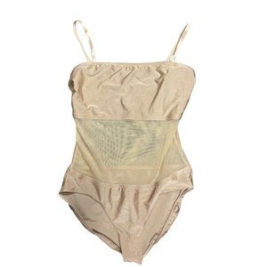 Natalie Tan Nude Dance Wear Shear Stomach Shaping Slimming Bodysuit size XL